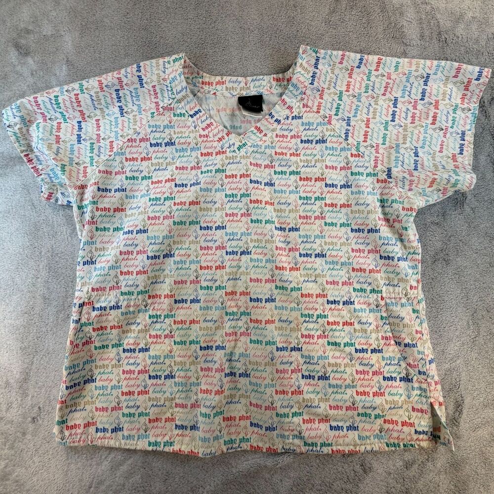 Baby Phat Scrub Top Womens XL V-Neck Allover Logo Medical Uniform